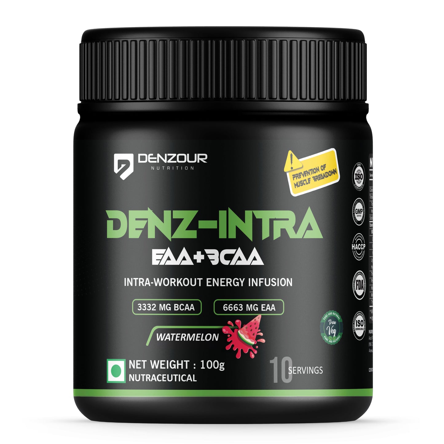 🎁 Denz-Intra BCAA + EAA Powder | Intra Workout | 3332mg BCAA & 6662mg EAA | Pure Veg - 10 Days (10 Servings) / Watermelon