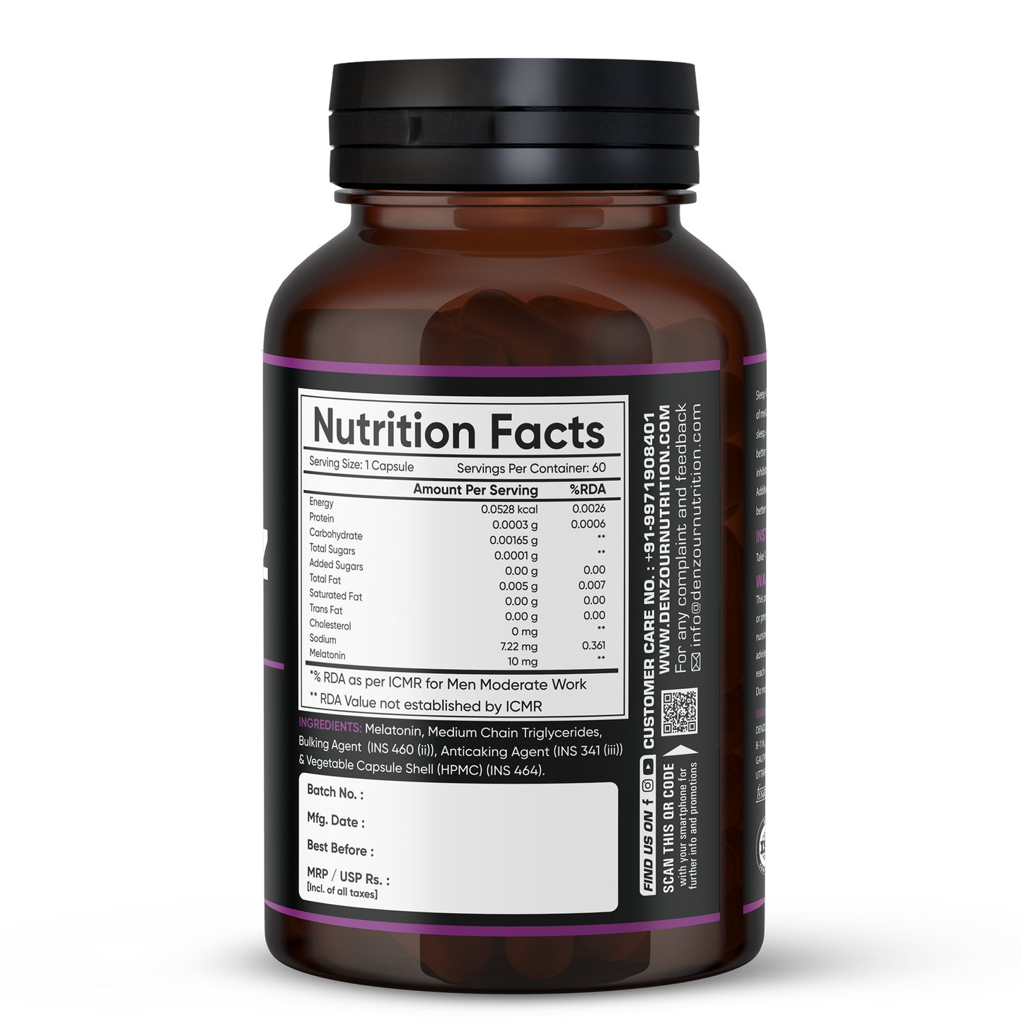 Denzour Nutrition Melatonin 10mg Sleep Aid - 60 Capsules