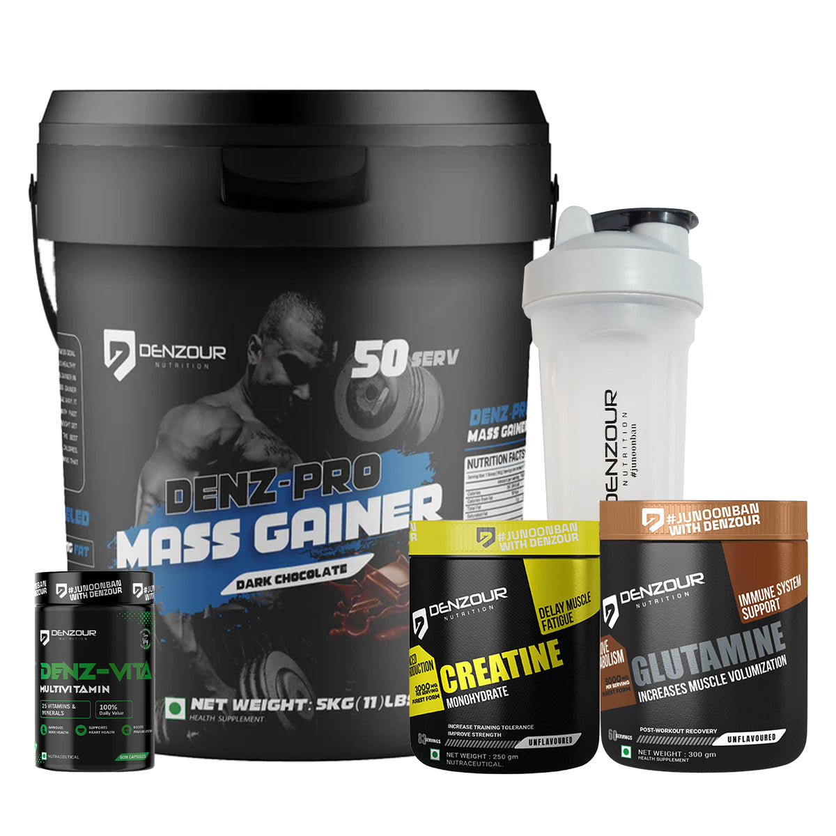 Denzour Muscle Gain & Recovery Stack | Mass Gainer 5kg + Creatine 250g + Glutamine 300g + Multivitamin 60 Capsules + Shaker