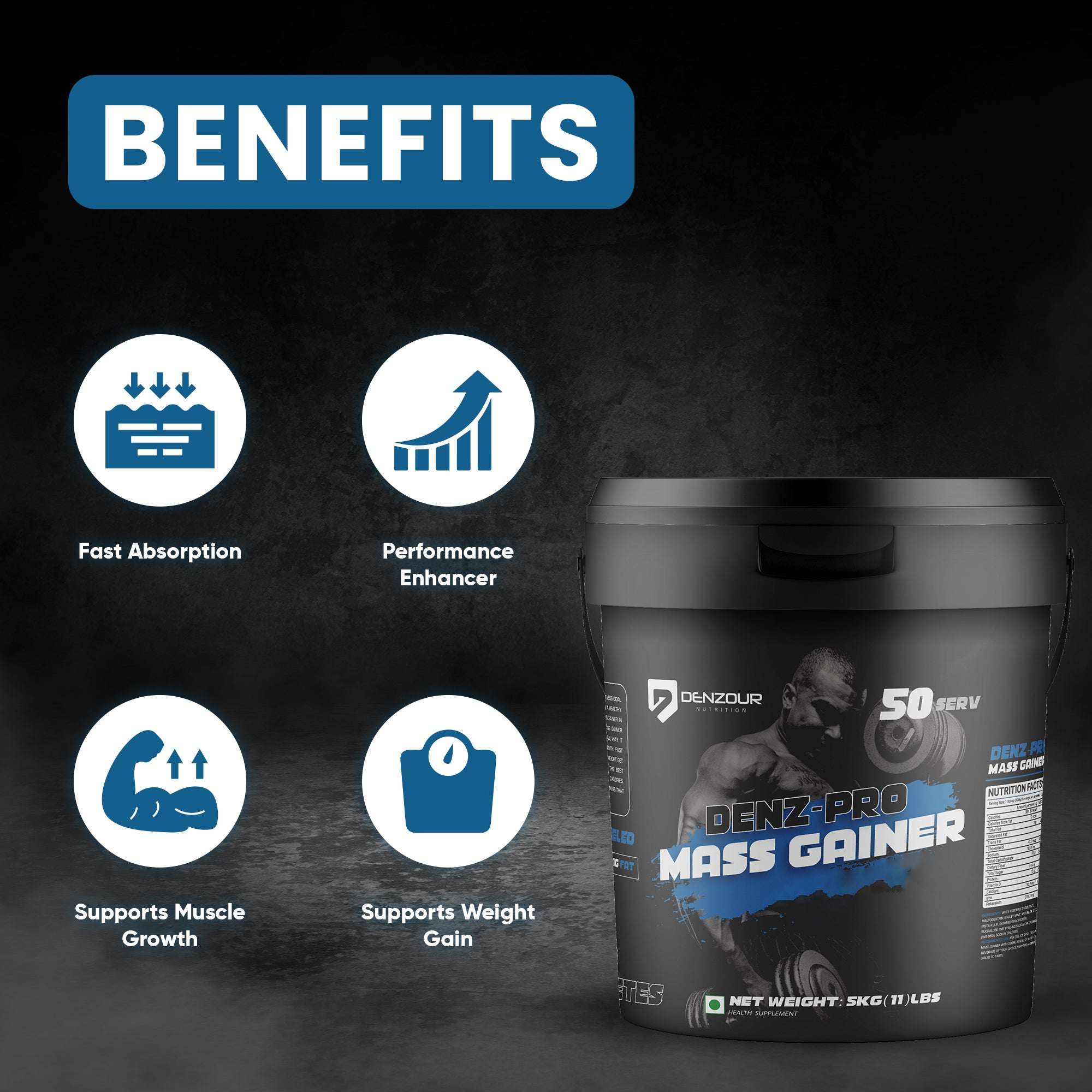 Denz-Pro Mass Gainer - 5Kg (11 Lb) | Muscle Growth Support | 15g Protein, 361 Kcal & 19.4g Sugar
