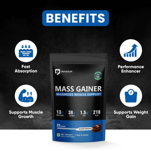 Denzour mass gainer | Chocolate Flavour, 1.5Kg | 38g Carbs & 13g Protein | Per Servings 60g