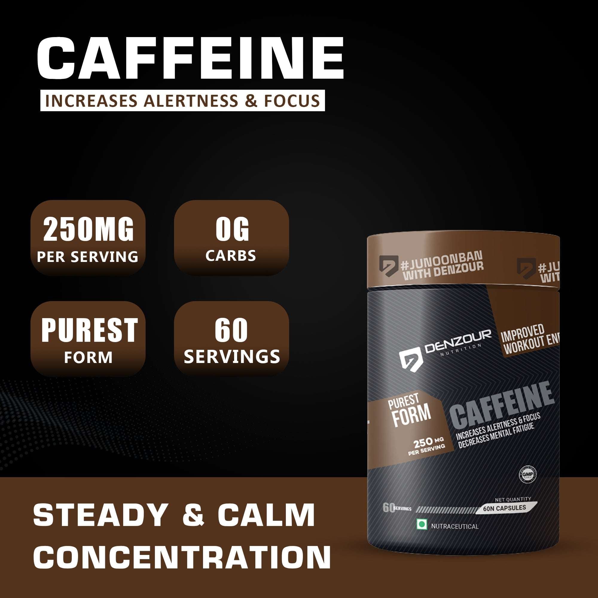 Denzour Caffeine - 60 Capsules | Increases Alertness & Focus | 250mg Per Serving & Purest Form