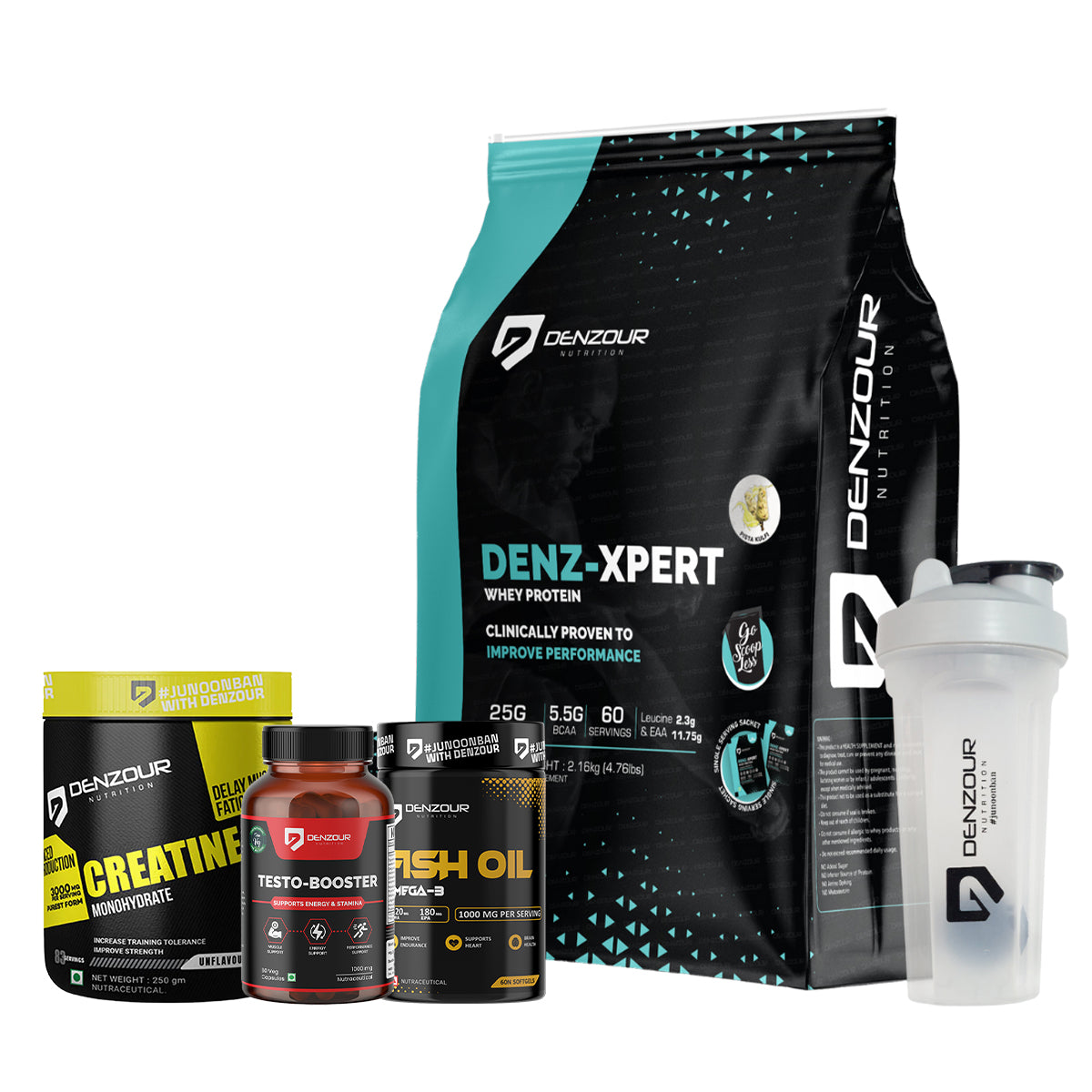 Denzour Performance & Wellness Stack | Denz-Xpert Whey 2.16kg + Creatine 250g + Performance Support 60 Capsules + Fish Oil 60 Softgels + Shaker