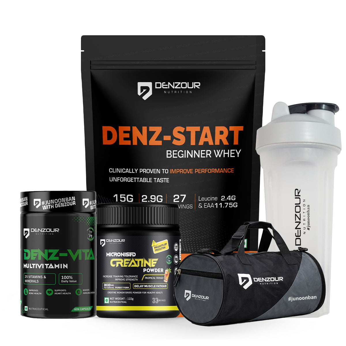 Denzour Beginner Performance Stack | Denz-Start Whey + Micronised Creatine + Denz-Vita + Shaker + Duffle Bag