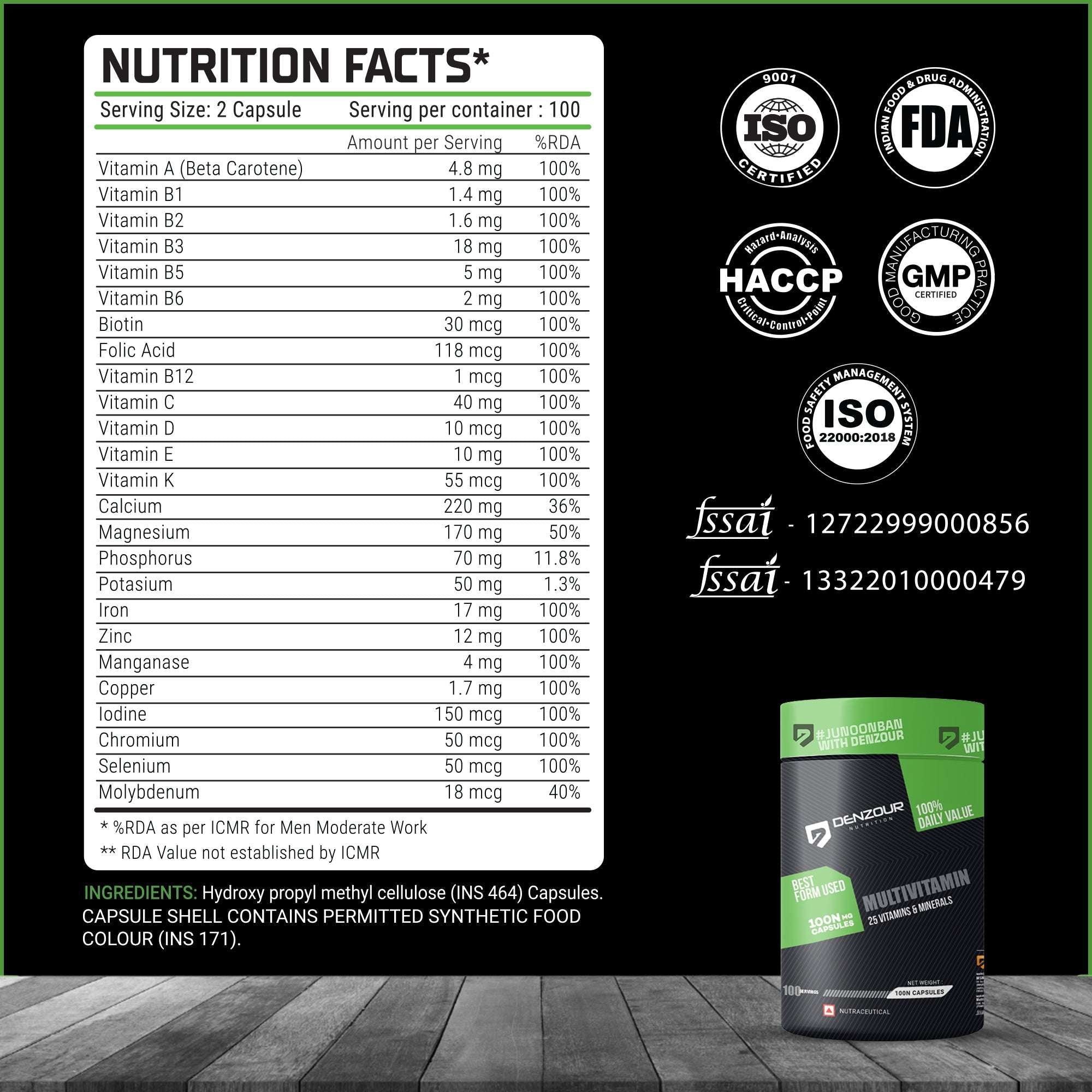 Denzour Multivitamin - 100 Capsules | 25 Vitamins & Minerals