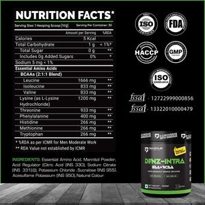 Denz-Intra BCAA + EAA Powder | Intra Workout | 3332mg BCAA & 6663mg EAA | Pure Veg