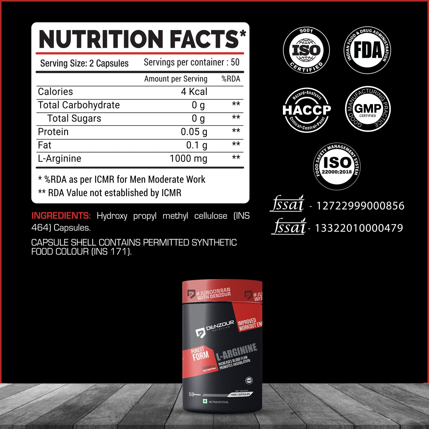 Denzour L-Arginine - 100 Capsules | Increases Blood Flow | 1000mg Per Serving, 0g Carbs