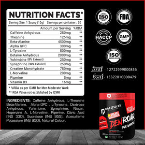 Den Roar Pre-Workout 300g | Quick Muscle Growth | 4500mg Beta - Alanine & 250mg Caffeine