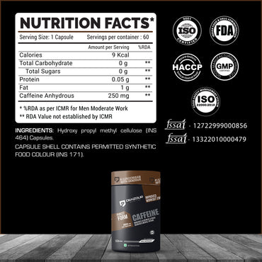 Denzour Caffeine - 60 Capsules | Increases Alertness & Focus | 250mg Per Serving & Purest Form