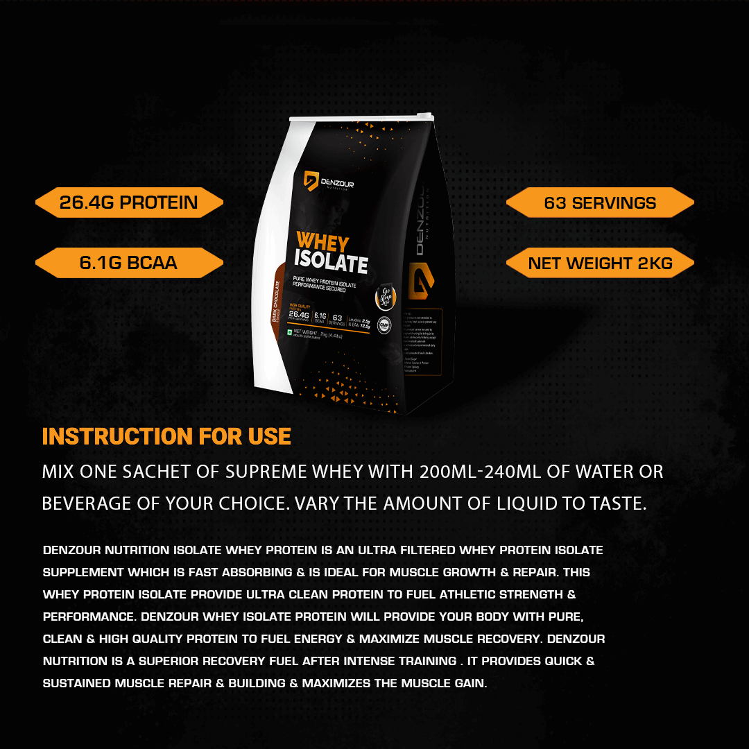 Denzour Whey Isolate Protein Powder | Pure Whey Protein Isolate | 26.4g Protein, 6.1g BCAA