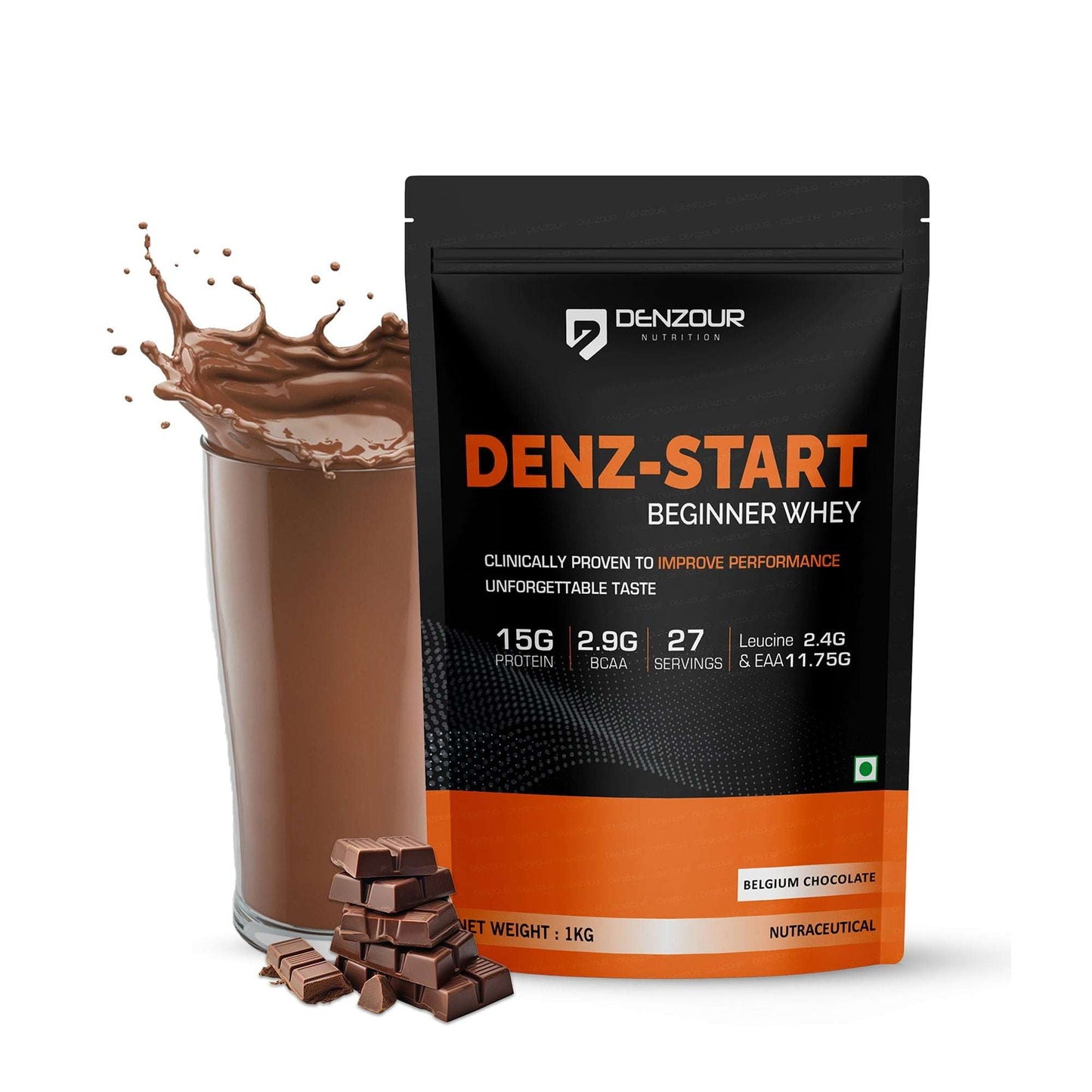 🎁 Denz Start Beginner Whey Protein Powder | 1 kg With 27 Servings | 15g Protein & 2.9g BCAA - Belgium Chocolate / Pack of 1 (27 Servings)