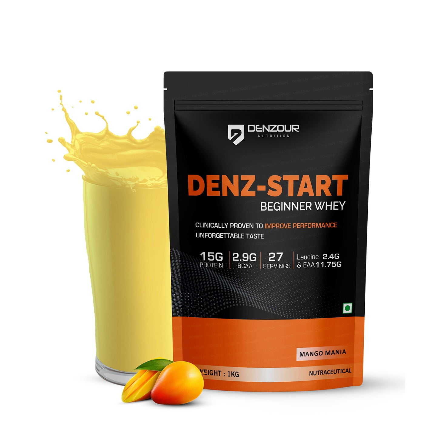 🎁 Denz Start Beginner Whey Protein Powder | 1 kg With 27 Servings | 15g Protein & 2.9g BCAA - Mango Mania / Pack of 1 (27 Servings)