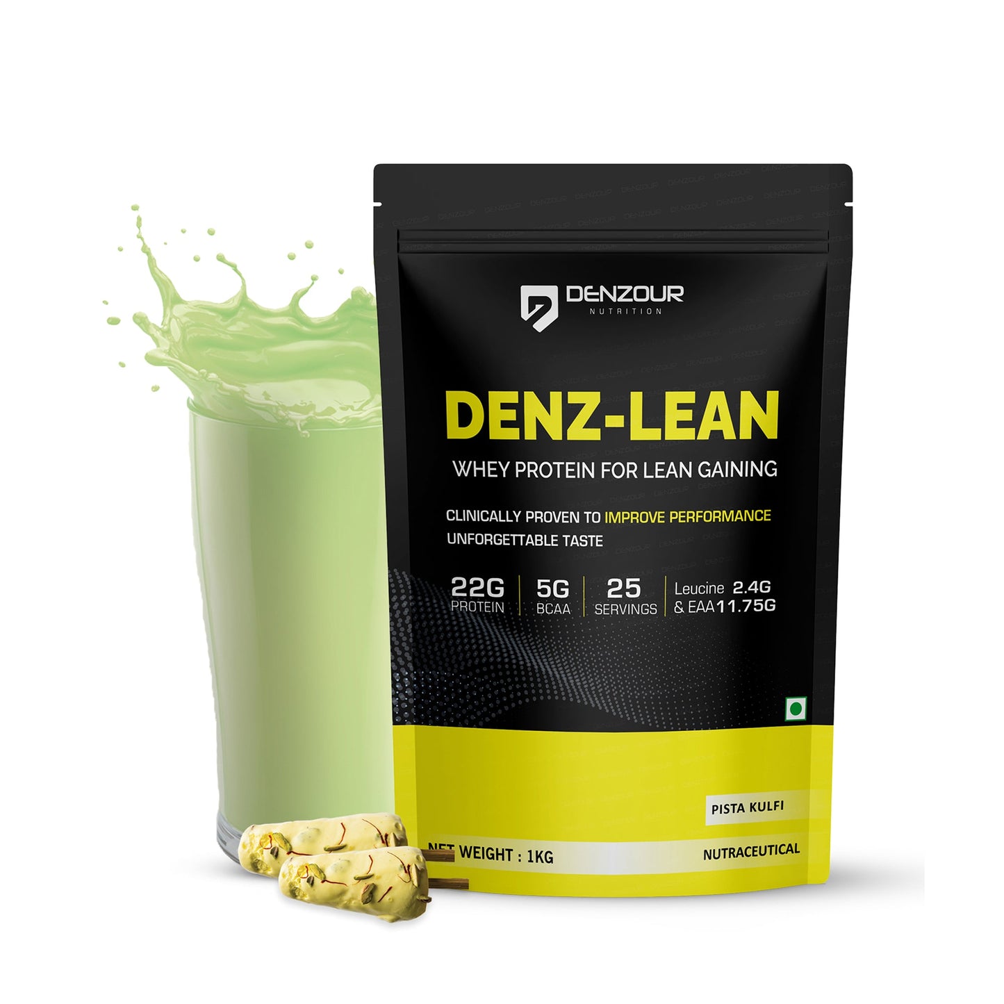🎁 Denz-Lean Whey Protein For Lean Gaining | 22g Protein & 5g BCAA | 1 Serving (40g) - Pista Kulfi / Pack of 1 (25 Servings)