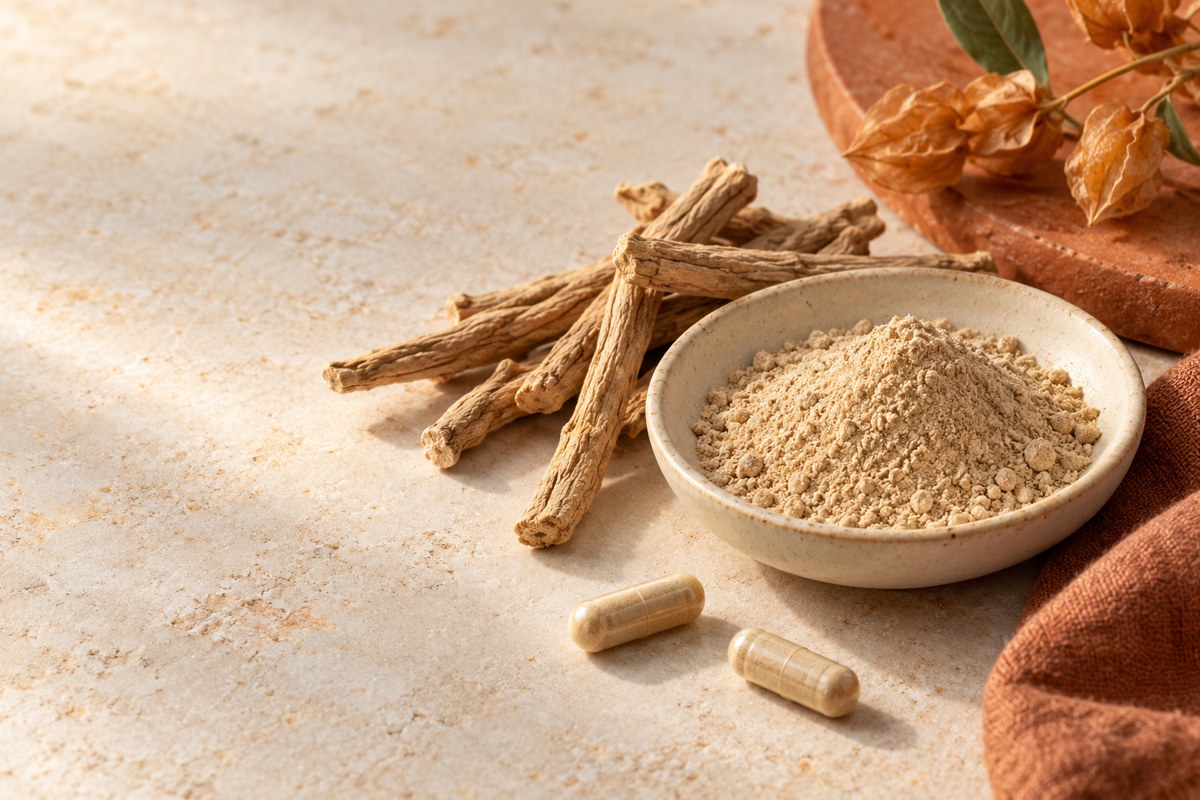 Ashwagandha roots, botanical powder and plain capsules on a warm ivory surface