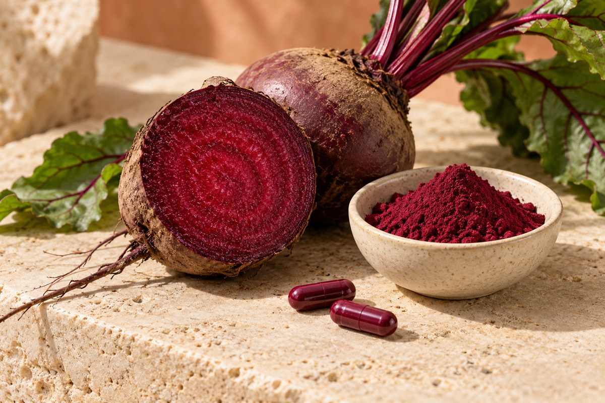 Fresh beetroot, burgundy powder and plain capsules on an ivory tabletop