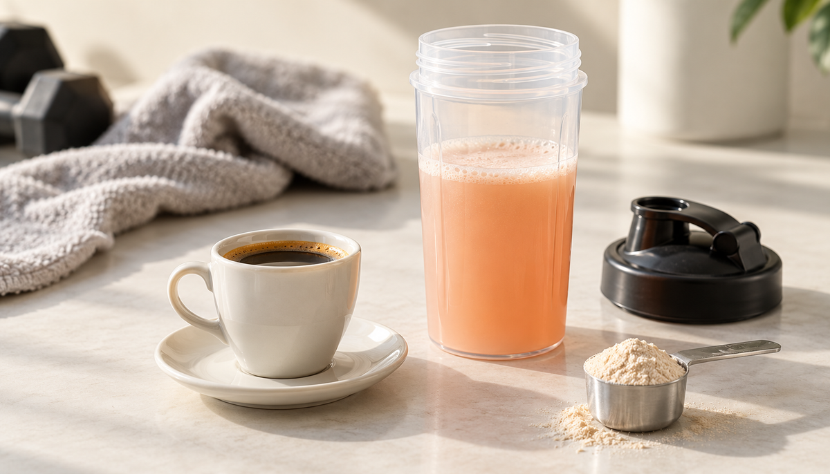 Black coffee beside a separate open shaker containing a peach-coloured drink, a powder scoop and a workout towel.