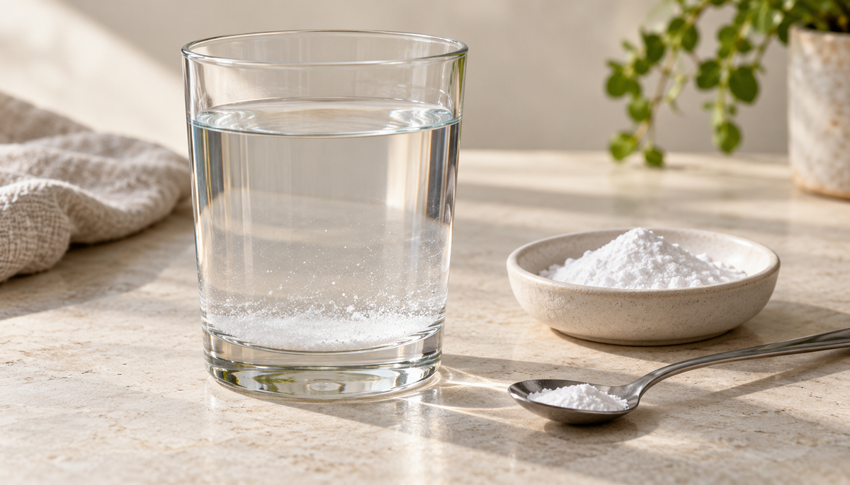 Glass of water with fine white sediment at the bottom beside a dish of powder and a teaspoon.