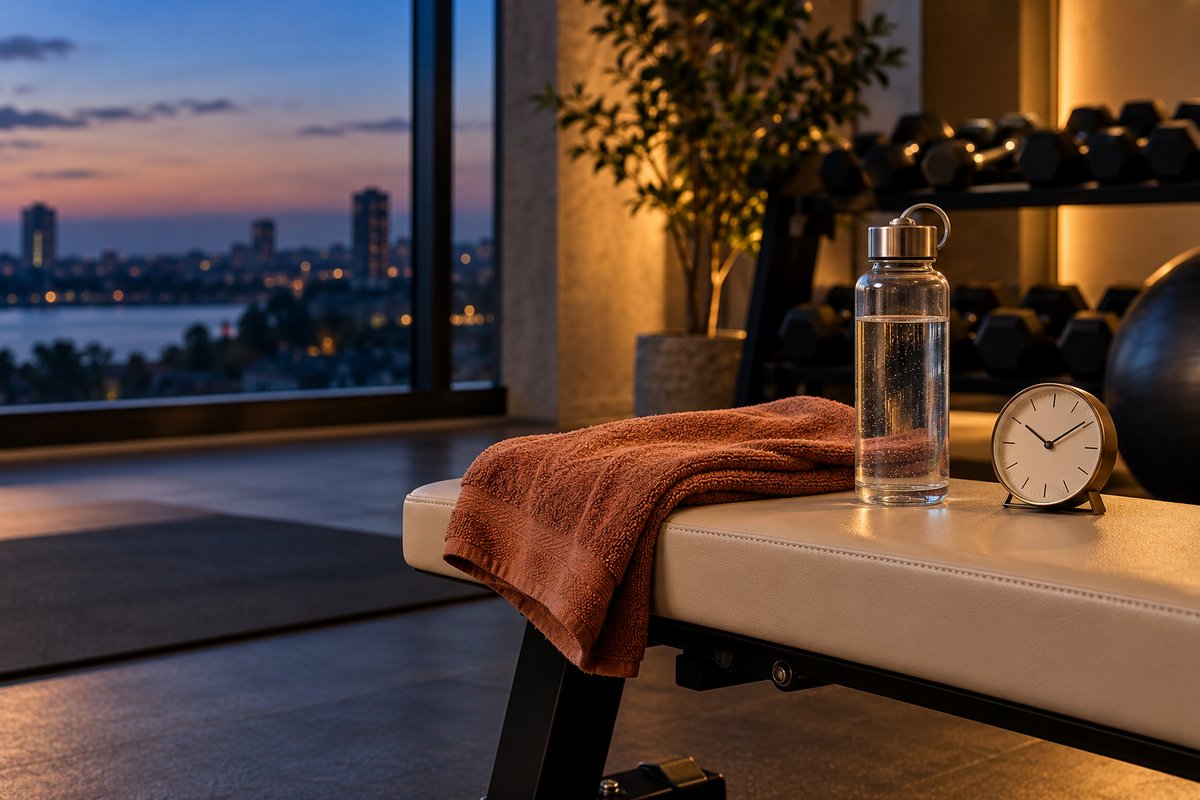A gym towel, water bottle and unmarked clock in a softly lit evening training setting