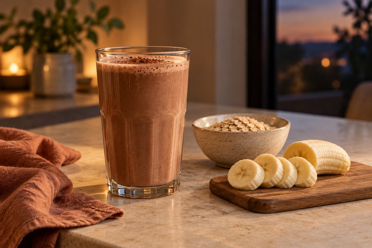 A plain nutrition shake and a small balanced snack on a warm cream table in soft evening light