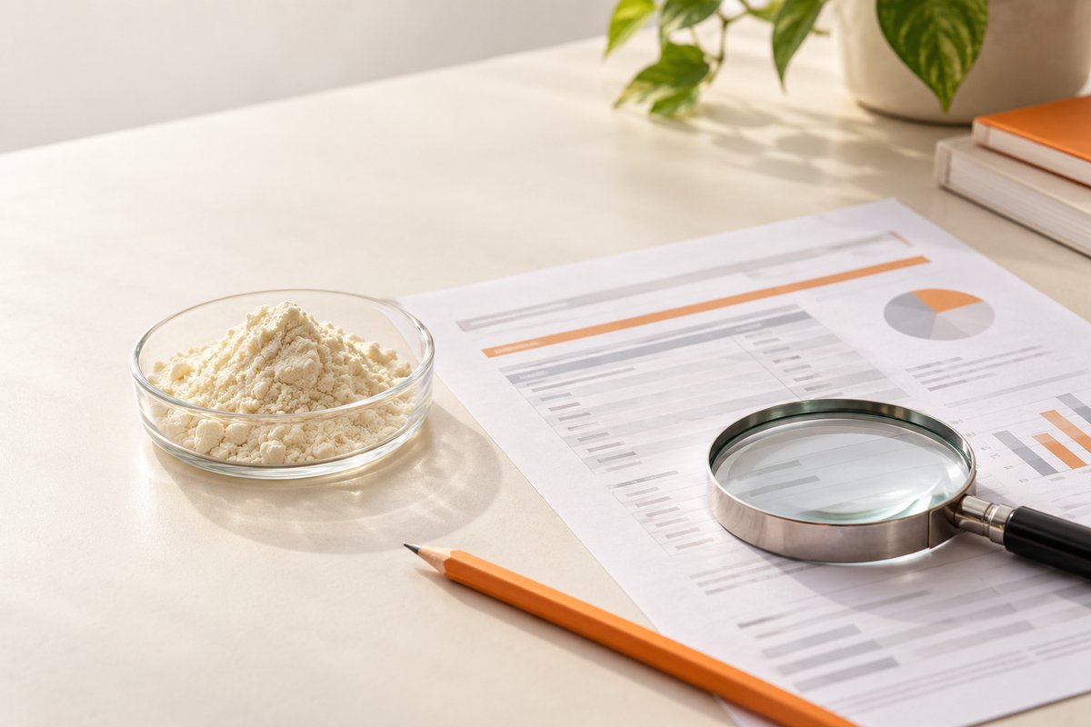 Magnifying glass, a sample dish and a generic laboratory document on a cream desk