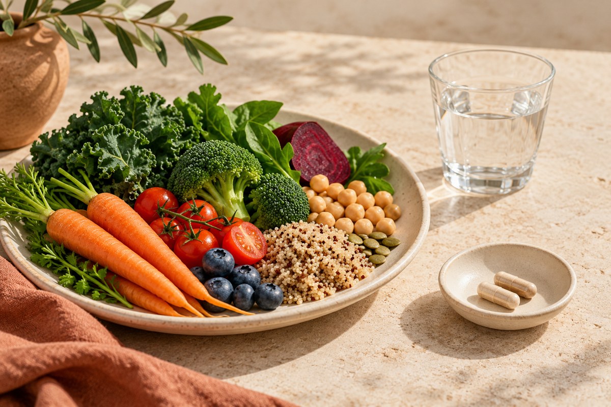 Vegetables, whole grains, water and plain capsules in a warm neutral setting