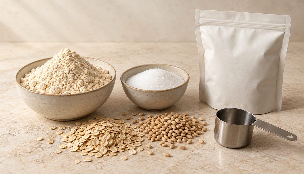 Separate bowls of beige powder and white sugar beside oats, barley, a measuring scoop and an unlabelled pouch.