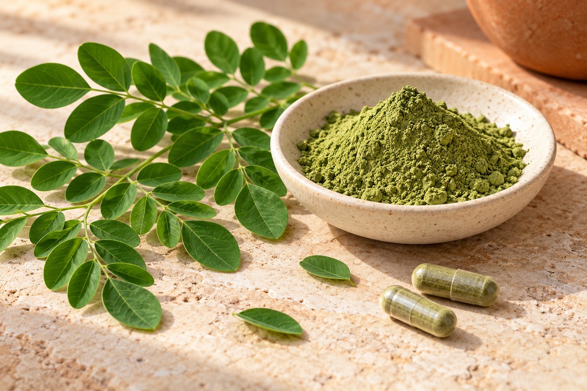 Moringa leaf sprigs, green leaf powder and plain capsules on an ivory tabletop