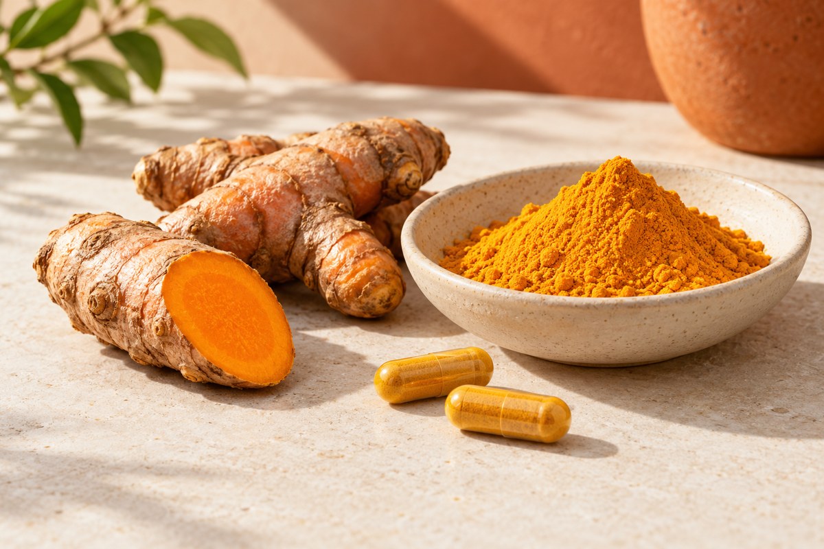 Turmeric rhizomes, golden powder and plain capsules arranged on warm ivory stone
