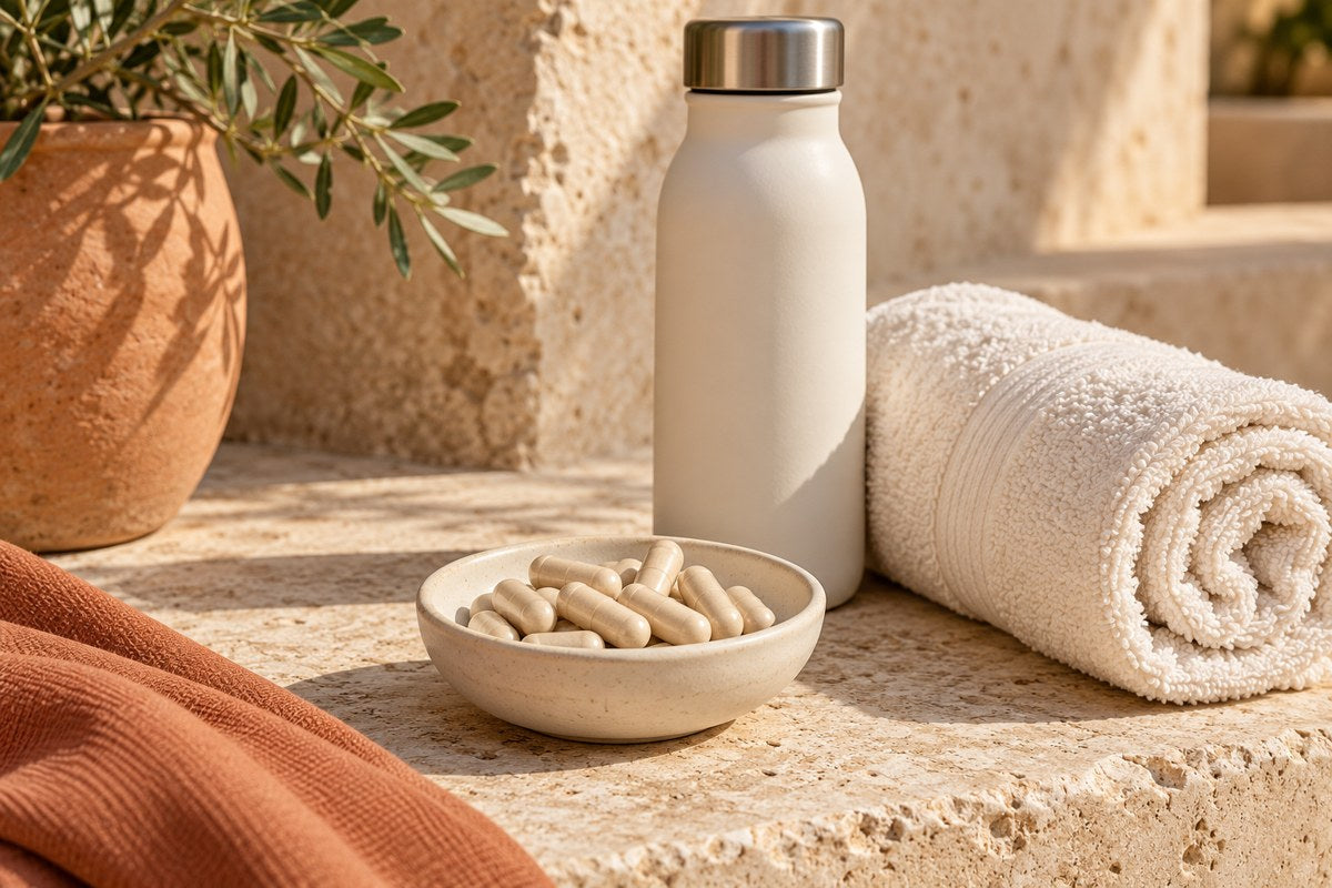 Plain capsules beside a gym towel and water bottle on warm ivory stone