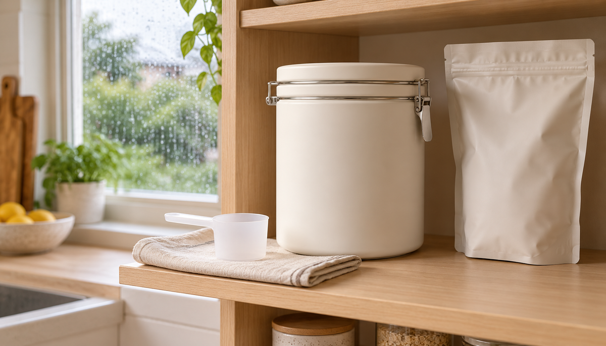 Closed powder canister and pouch with a dry scoop on a cupboard shelf beside a rain-speckled window.