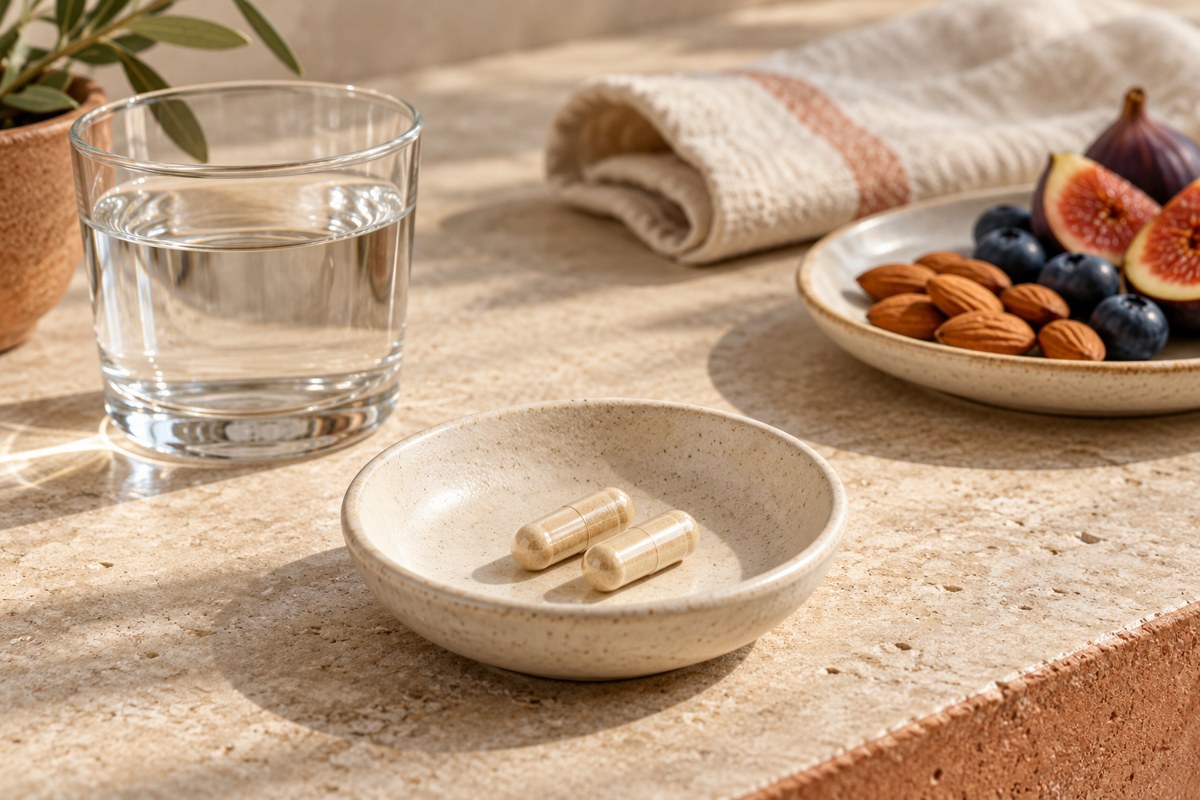Plain capsules, water and a small plate of fruit and almonds in a warm neutral setting