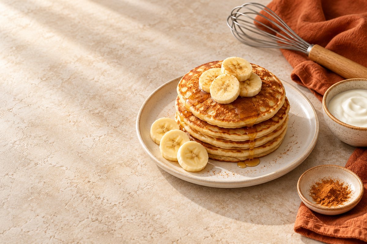 Golden pancakes with banana and yoghurt on an ivory tabletop