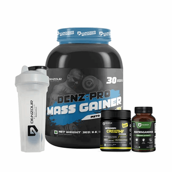 Denzour Mass Gainer Stack | Mass Gainer 3kg + Creatine Unflavoured 100g + Ashwagandha Capsules 60 + Shaker