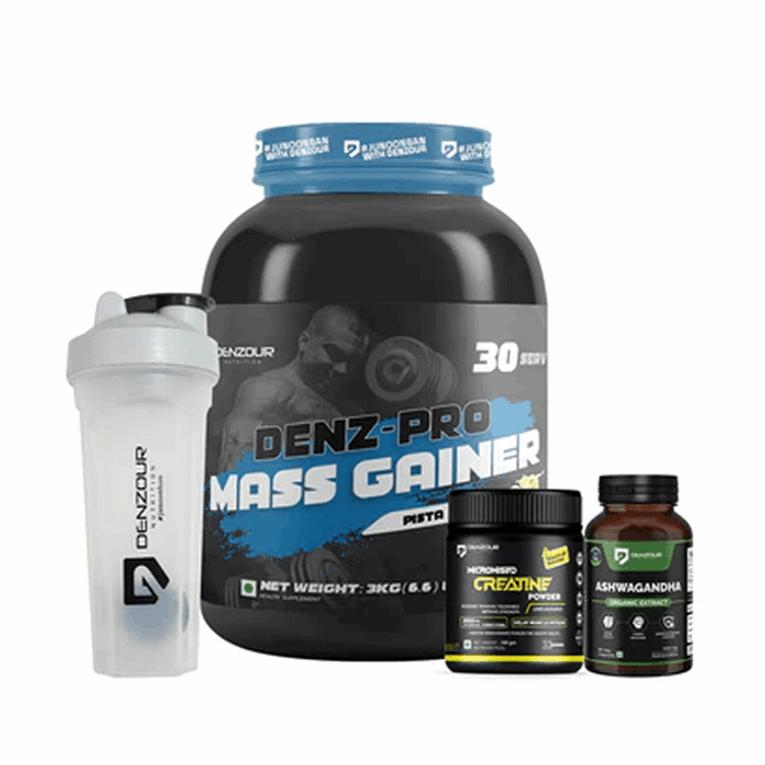 Denzour Mass Gainer Stack | Mass Gainer 3kg + Creatine Unflavoured 100g + Ashwagandha Capsules 60 + Shaker