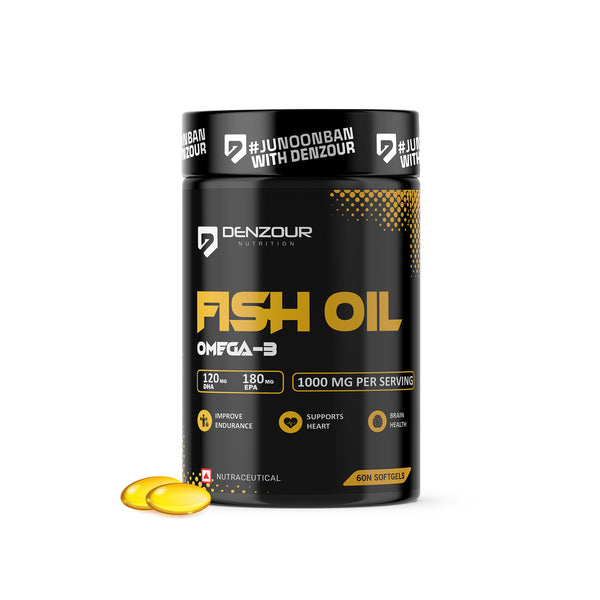 Denzour Nutrition Omega-3 Fish Oil 1000mg, 180mg EPA & 120mg DHA for Muscle & Joints Support - 60 Capsules