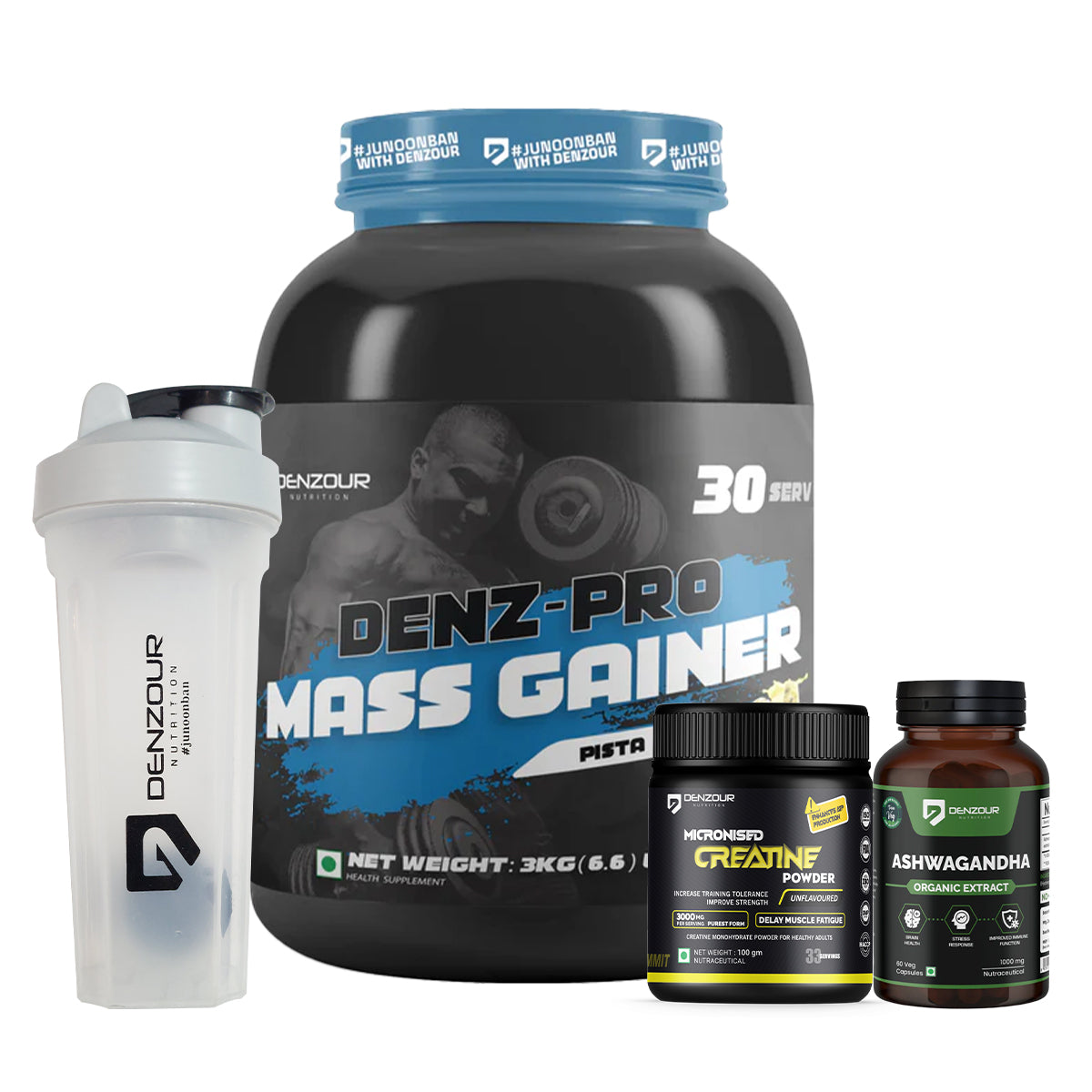 Denzour Mass Gainer Stack | Mass Gainer 3kg + Micronised Creatine 100g + Ashwagandha Capsules 60 + Shaker