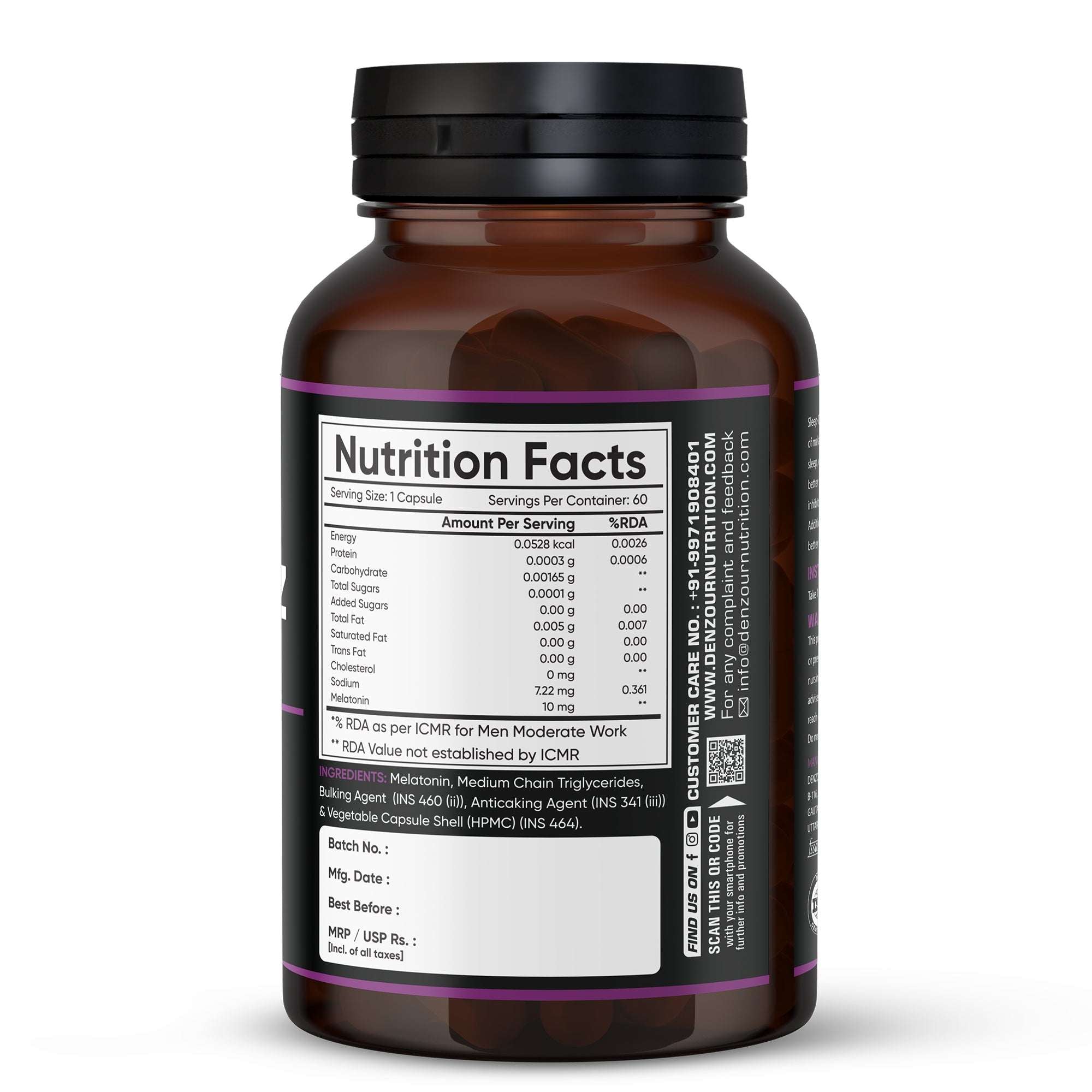 Sleep Denz Melatonin - 60 Capsules | Healthy Sleep Support | Vegan & Natural, 10mg Melatonin