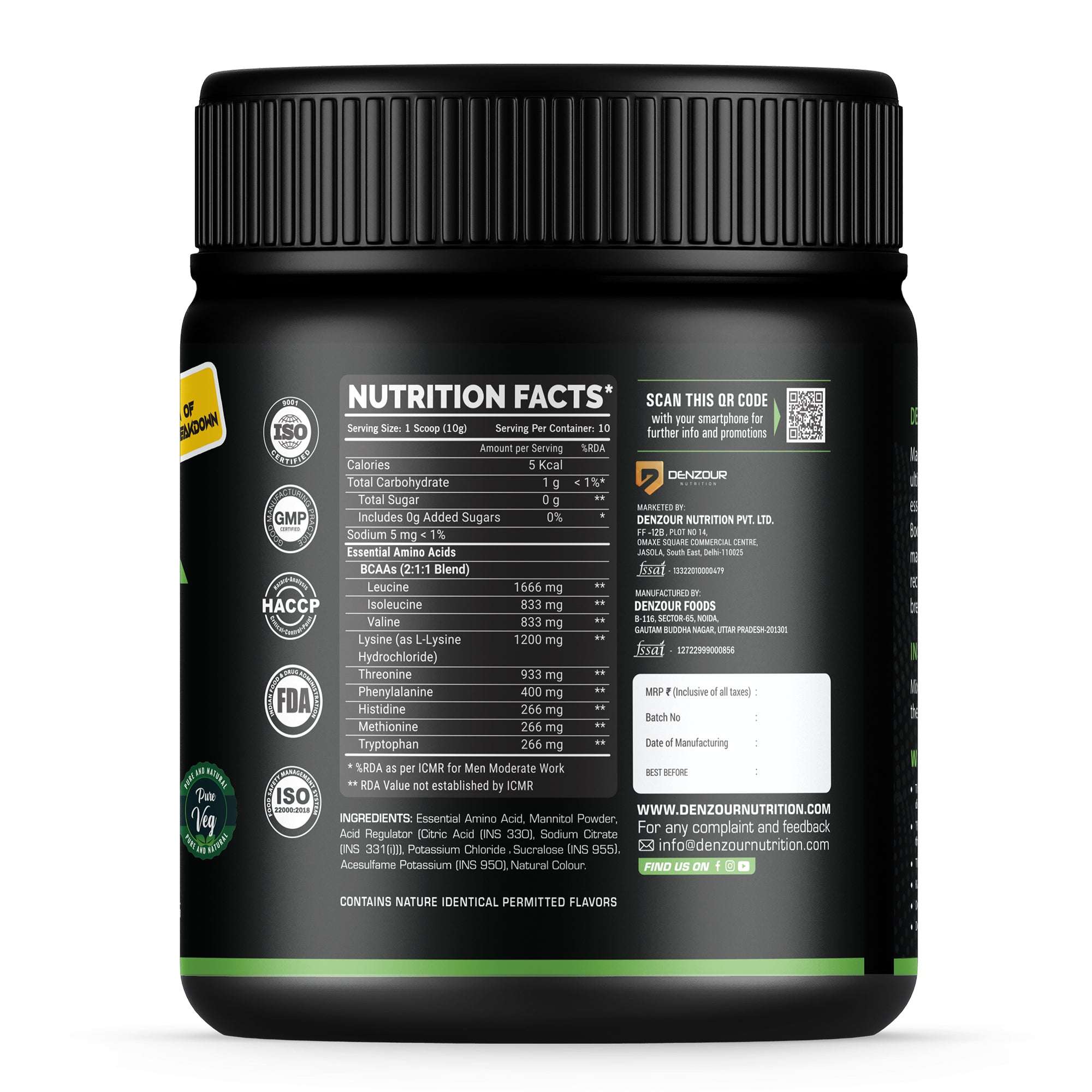 Denz-Intra BCAA + EAA Powder | Intra Workout | 3332mg BCAA & 6663mg EAA | Pure Veg