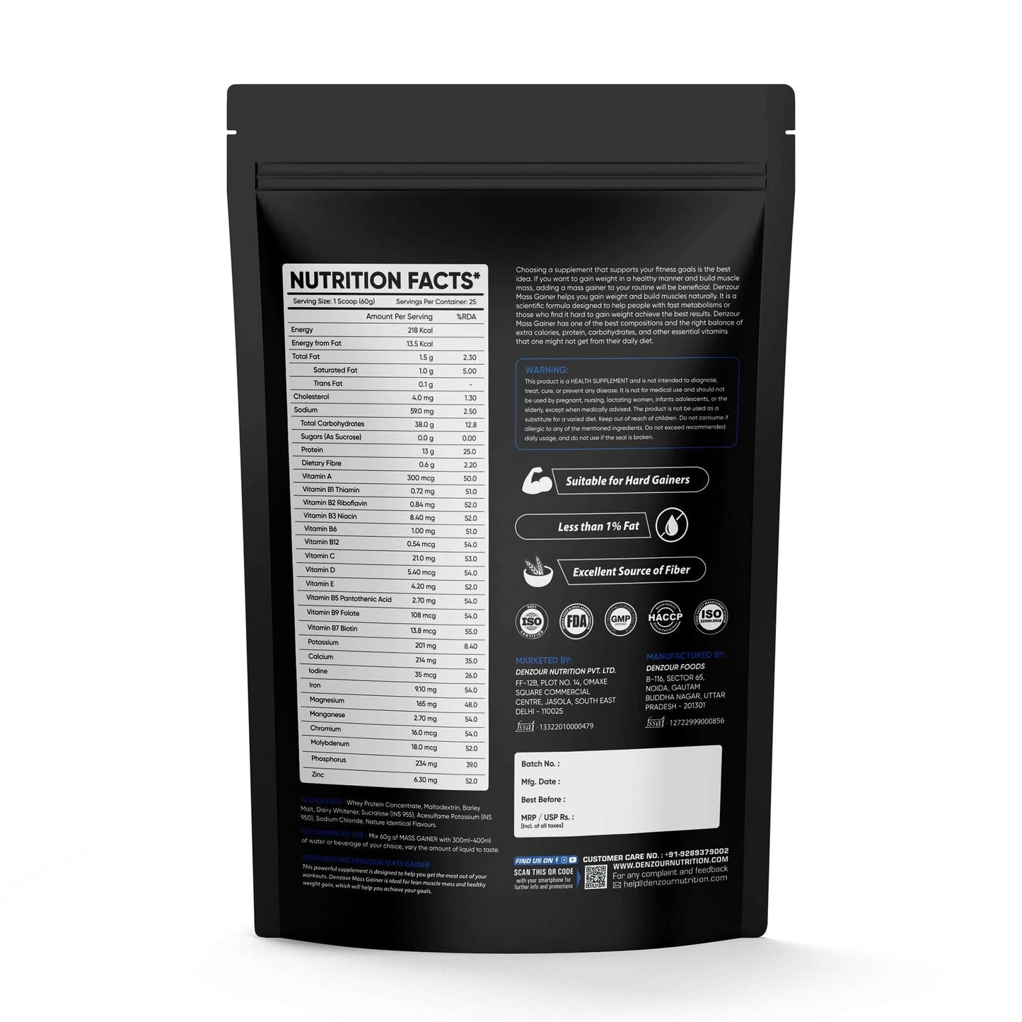 Denzour mass gainer | Chocolate Flavour, 1.5Kg | 38g Carbs & 13g Protein | Per Servings 60g
