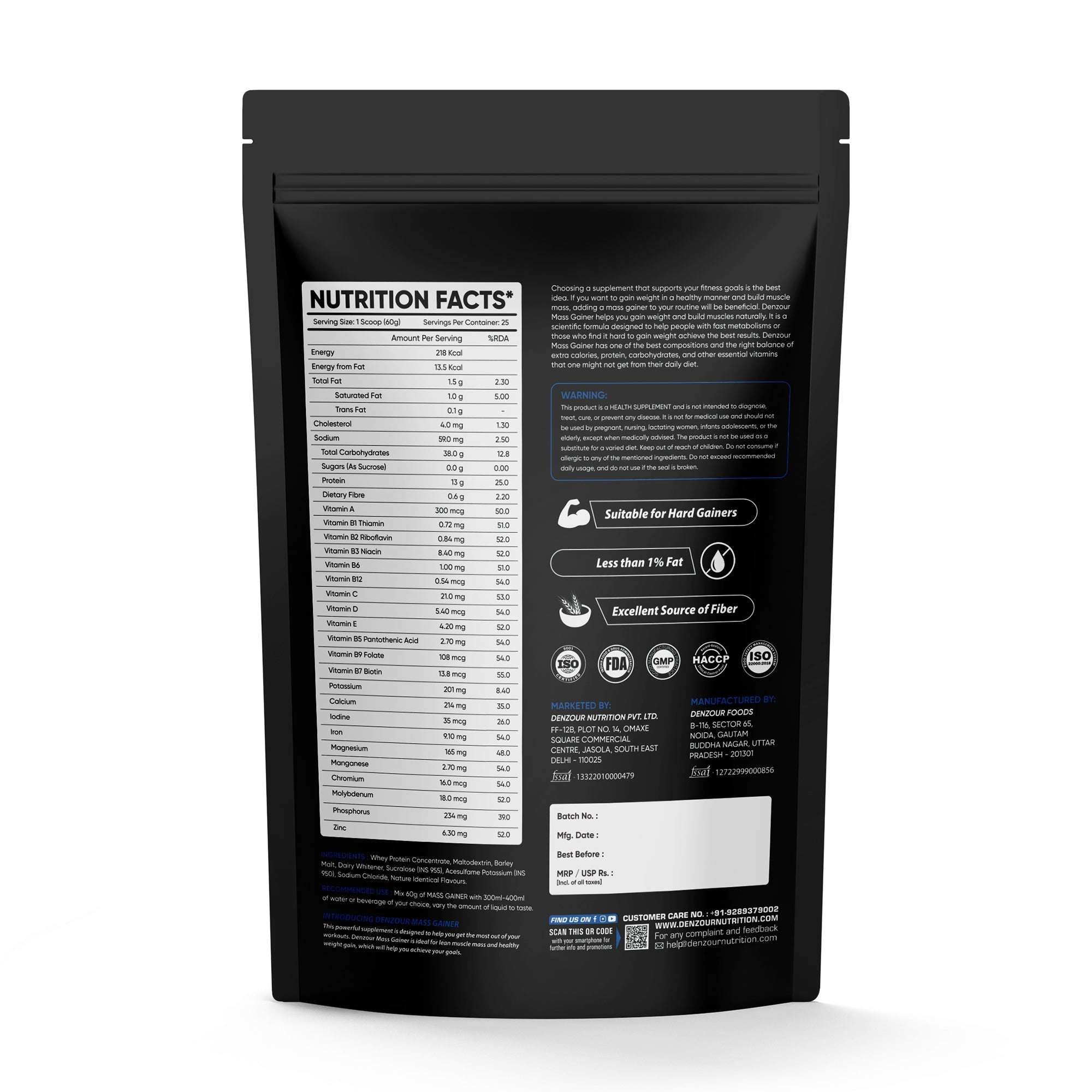 Denzour mass gainer | Chocolate Flavour, 1.5Kg | 38g Carbs & 13g Protein | Per Servings 60g