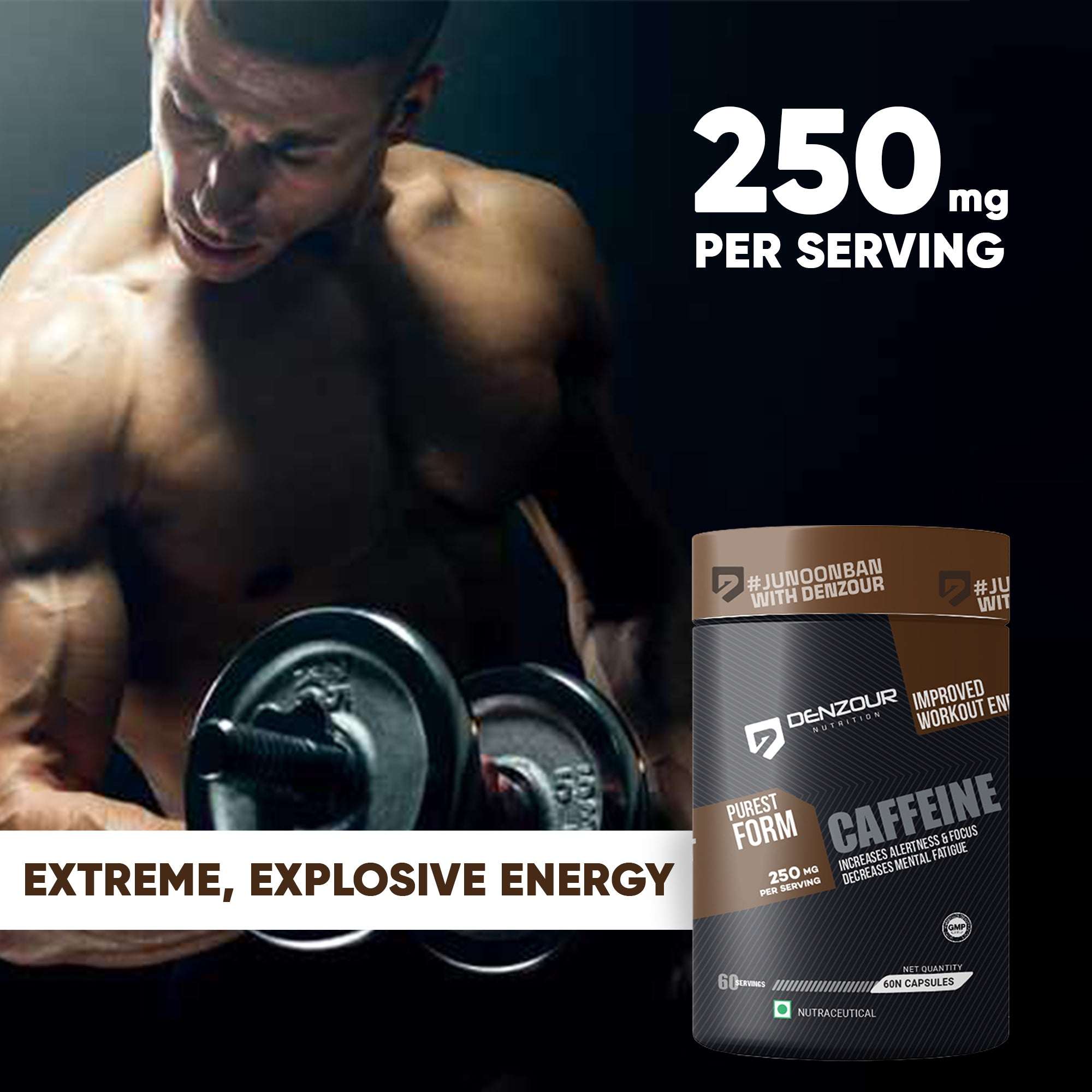Denzour Caffeine - 60 Capsules | Increases Alertness & Focus | 250mg Per Serving & Purest Form