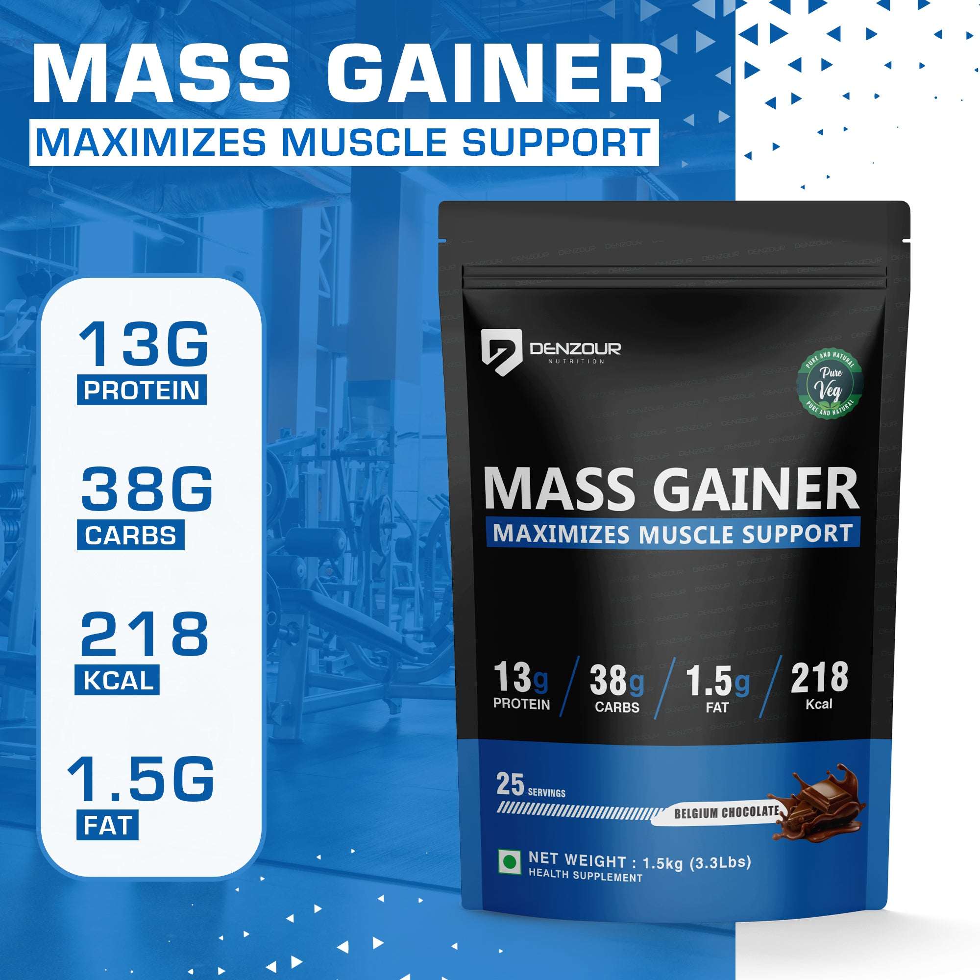 Denzour mass gainer | Chocolate Flavour, 1.5Kg | 38g Carbs & 13g Protein | Per Servings 60g