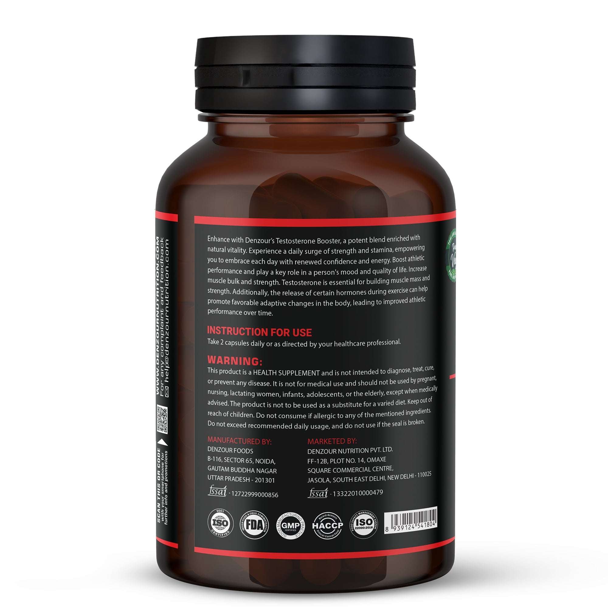 Denz Testo - 60 Capsules | Testosterone Booster | Vegan & Natural, 1000mg