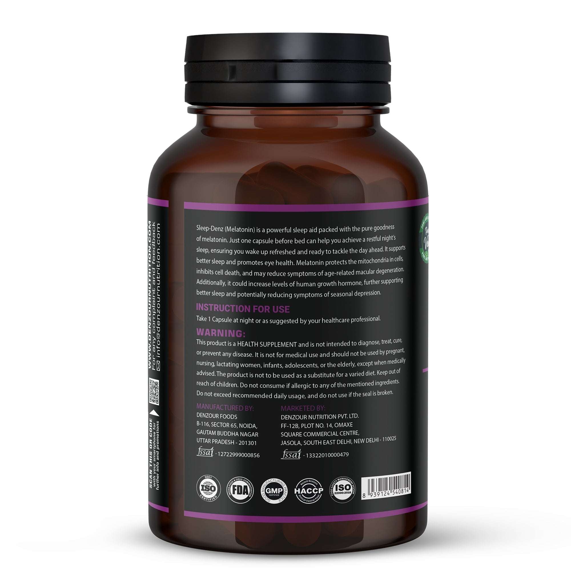 Sleep Denz Melatonin - 60 Capsules | Healthy Sleep Support | Vegan & Natural, 10mg Melatonin