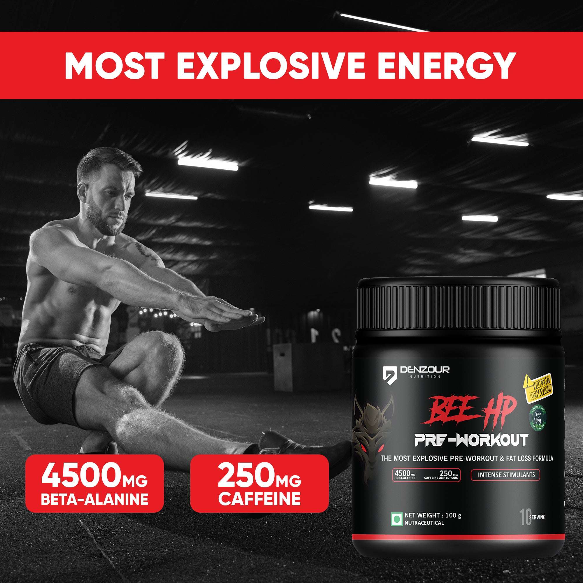Pre Workout Powder 250mg Caffeine and 4500mg Beta-Alanine