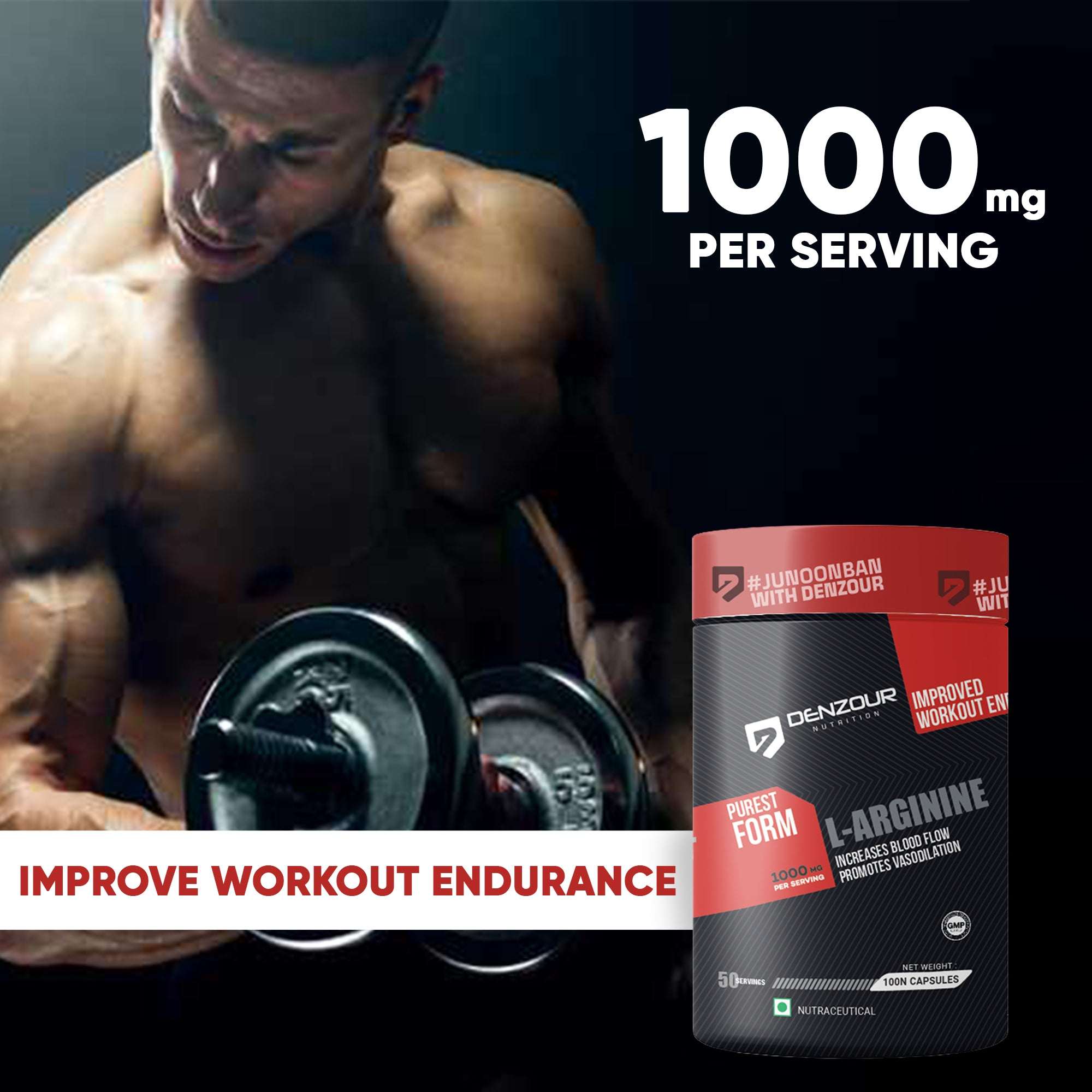 Denzour L-Arginine - 100 Capsules | Increases Blood Flow | 1000mg Per Serving, 0g Carbs