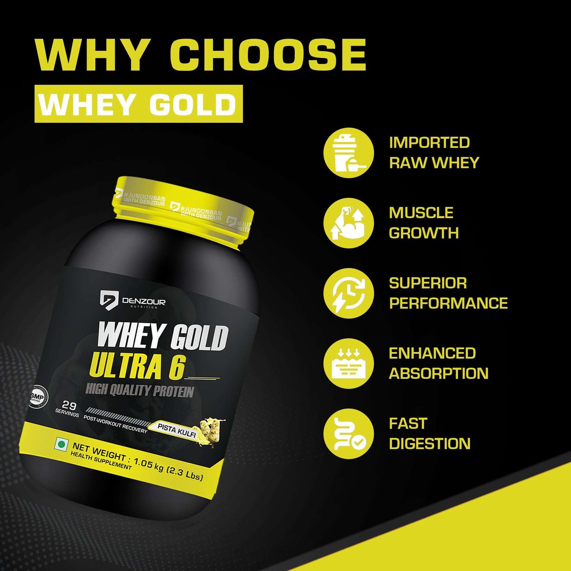 Denzour Whey Gold Ultra 6 High Quality Protein Powder | 1.05Kg & Enhanced Strength
