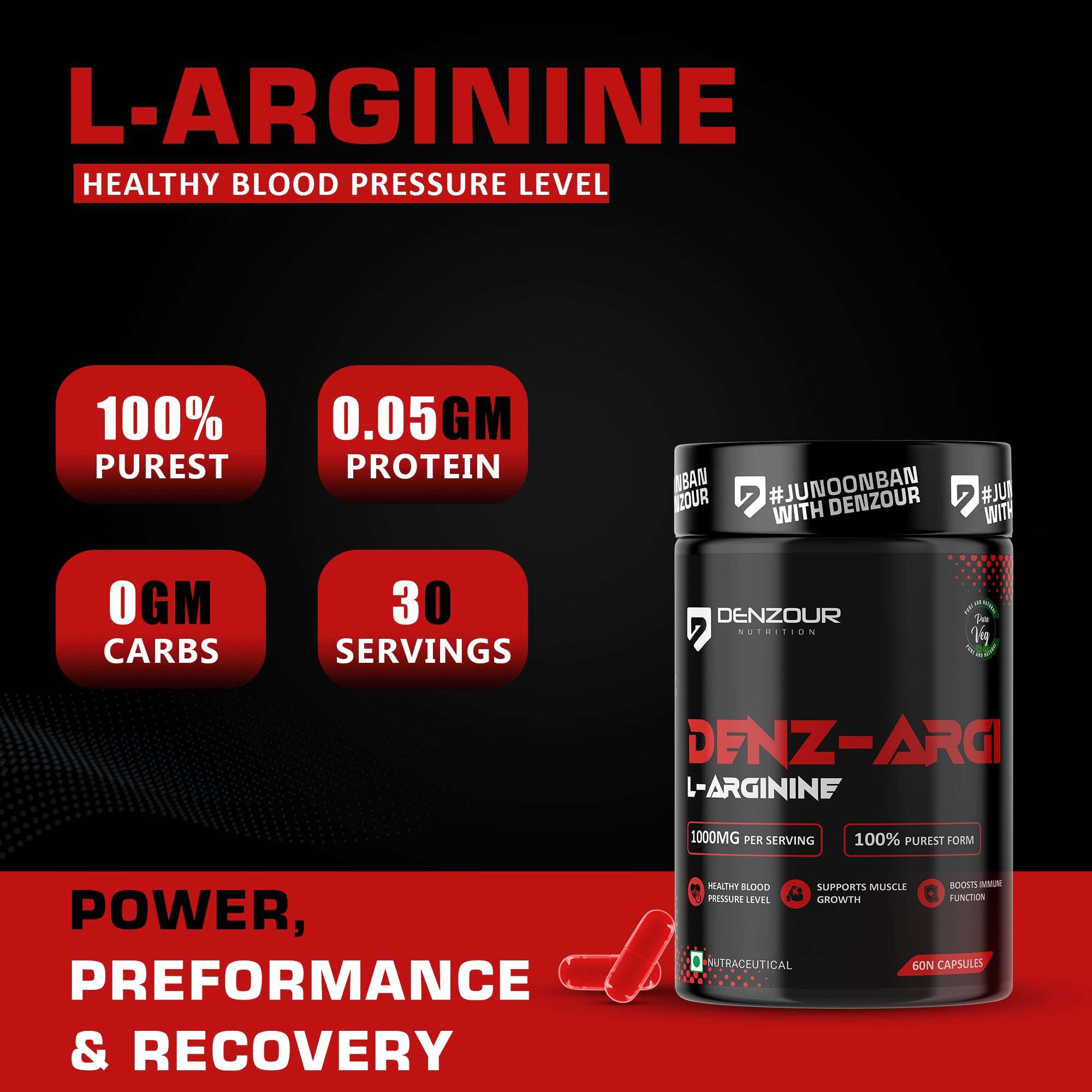 Denz-Argi L-Arginine | 60 Capsules & 100% Purest Form | Muscle Growth Supports | 1000mg Per Serving