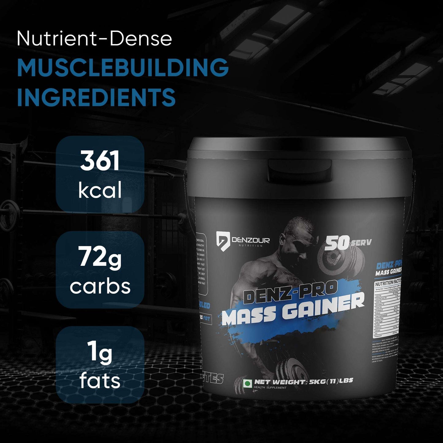 Denz-Pro Mass Gainer - 5Kg (11 Lb) | Muscle Growth Support | 15g Protein, 361 Kcal & 19.4g Sugar