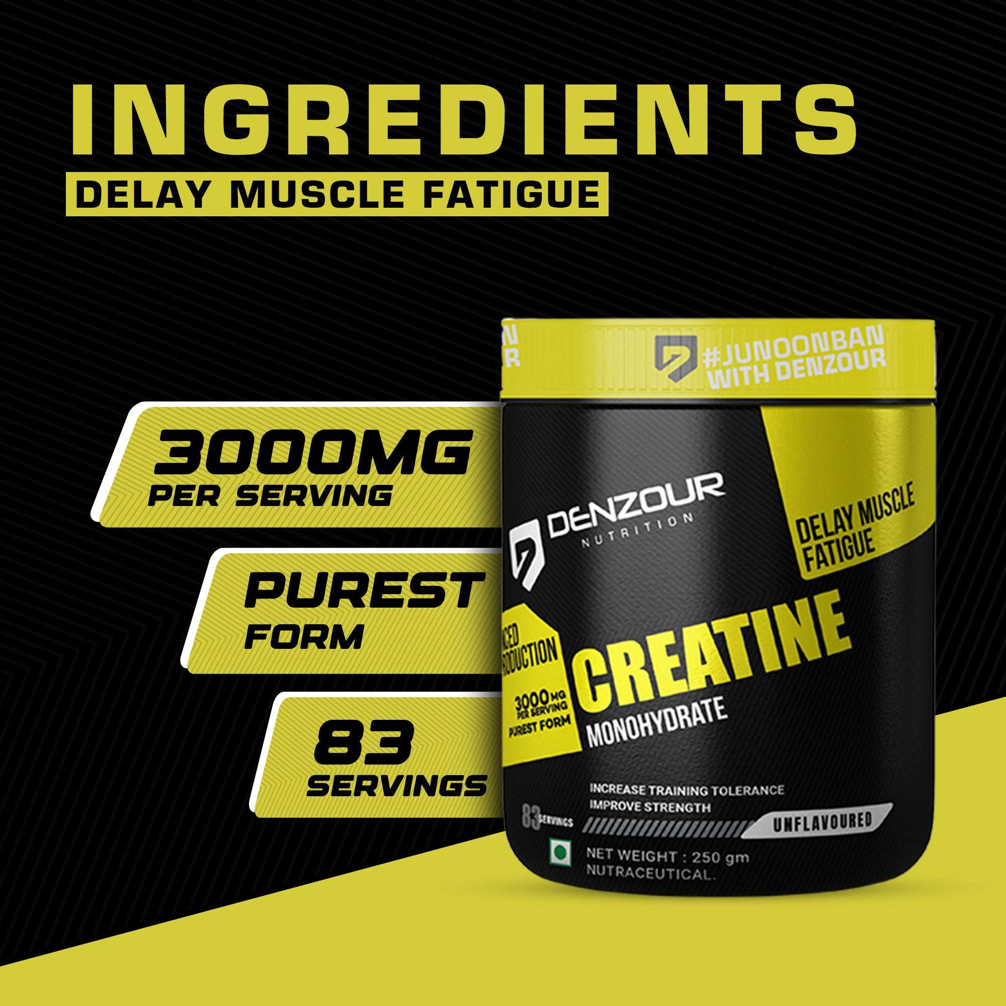 Denzour Creatine Monohydrate  Powder - 250gm | Improve Strength | Unflavoured, 83 Servings
